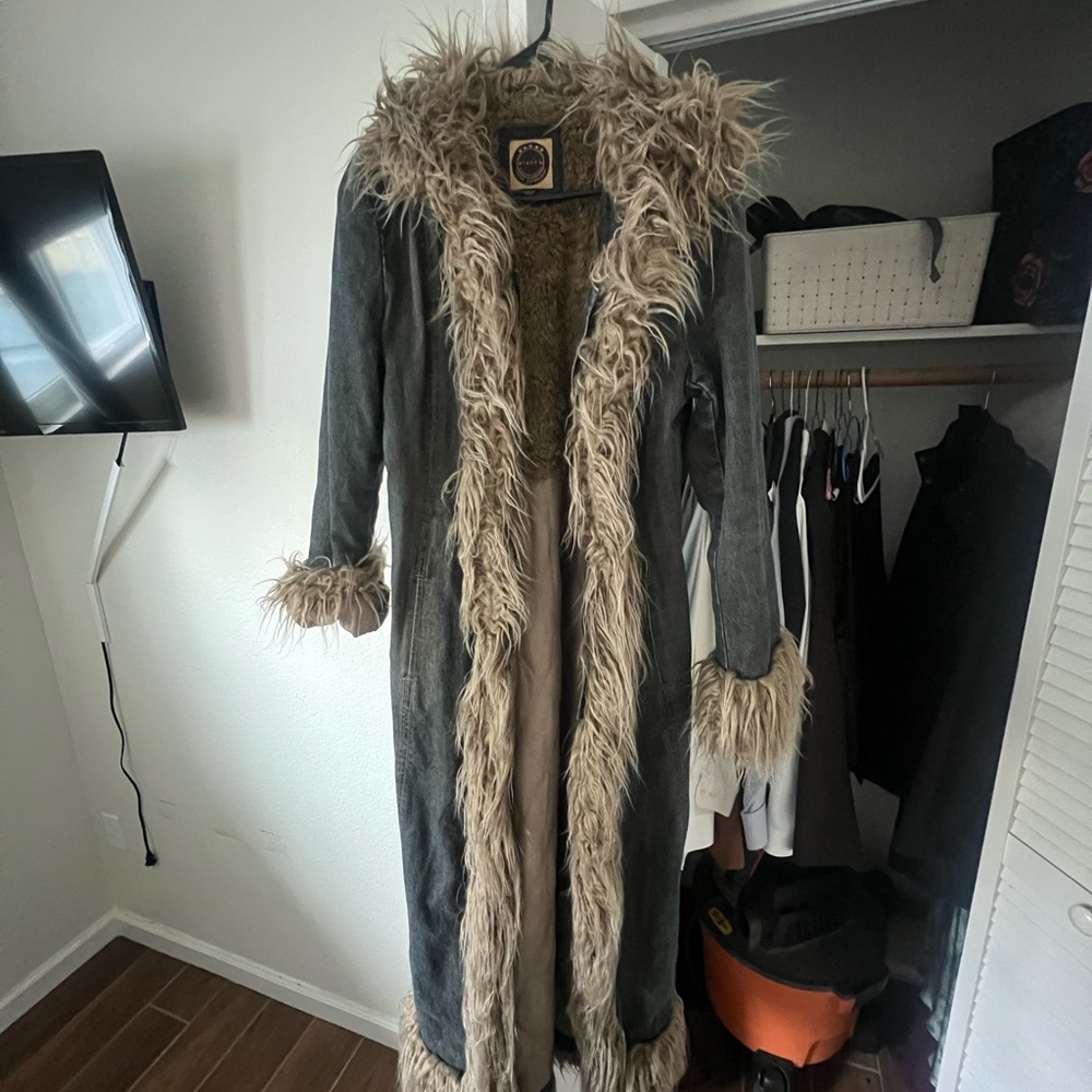 Gray Faux Fur Trimmed Coat